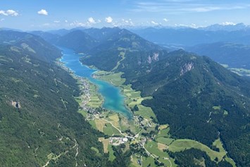 Wanderhotel: In 1.000 m Seehöhe - mit dem Gleitschirm  -
Blick auf den Weissensee  - Sattleggers Alpenhof & Feriensternwarte