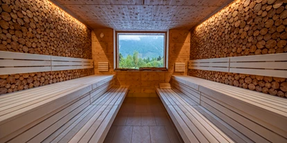 Wanderurlaub - Sonnenterrasse - Bad Aussee - Zirbensauna mit Ausblick in die Natur - Narzissen Vital Resort